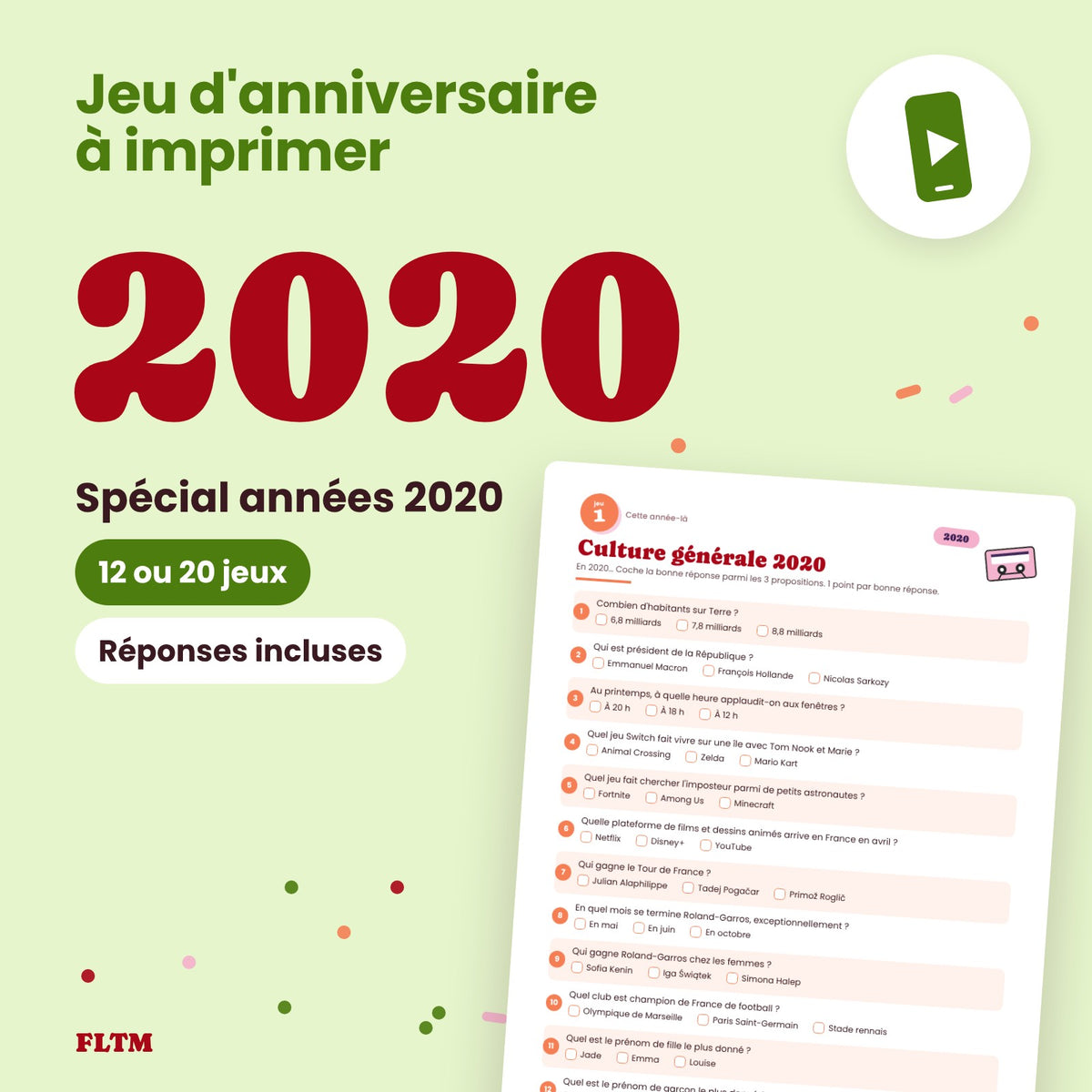 Jeu anniversaire année 2020 à imprimer, spécial années 2020