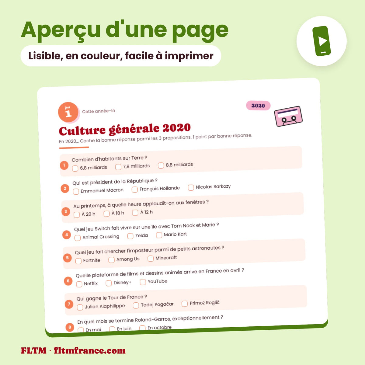 Jeu anniversaire année 2020 : aperçu d'une page