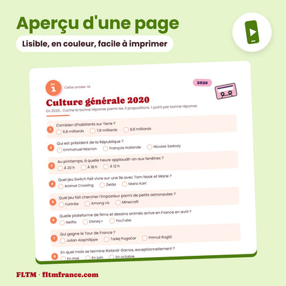 Jeu anniversaire année 2020 : aperçu d'une page