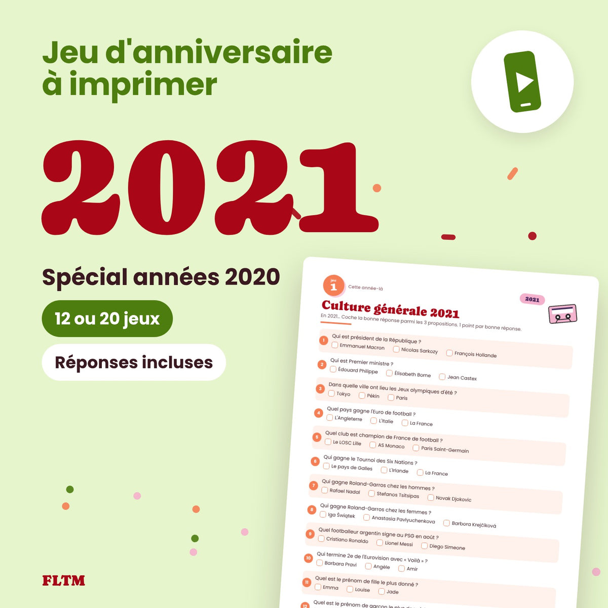 Jeu anniversaire année 2021 à imprimer, spécial années 2020
