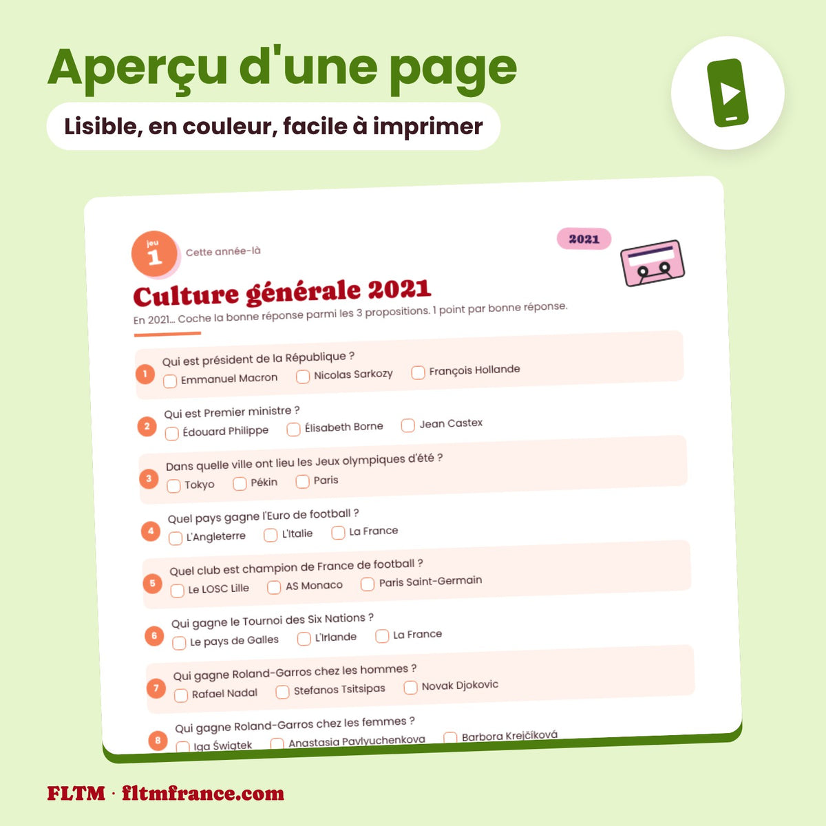 Jeu anniversaire année 2021 : aperçu d'une page