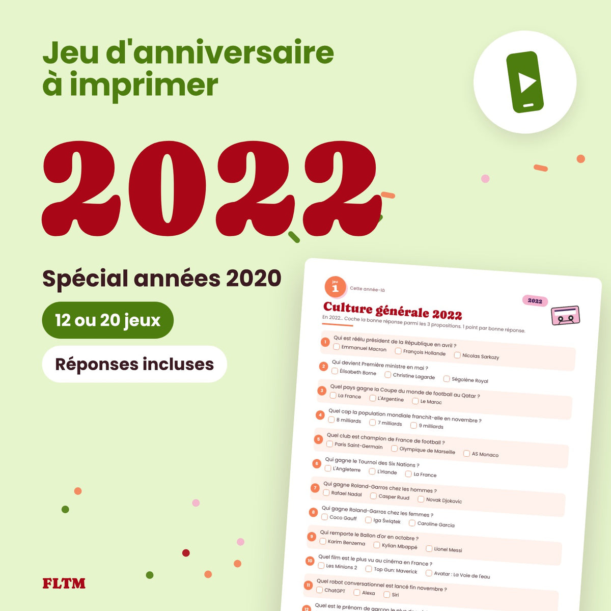 Jeu anniversaire année 2022 à imprimer, spécial années 2020