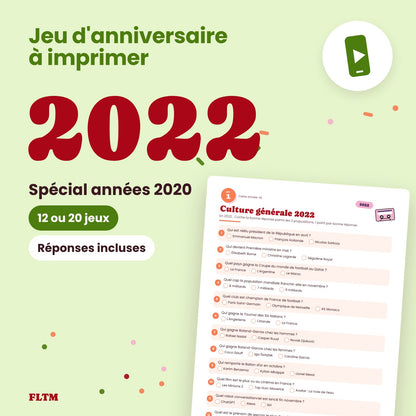 Jeu anniversaire année 2022 à imprimer, spécial années 2020