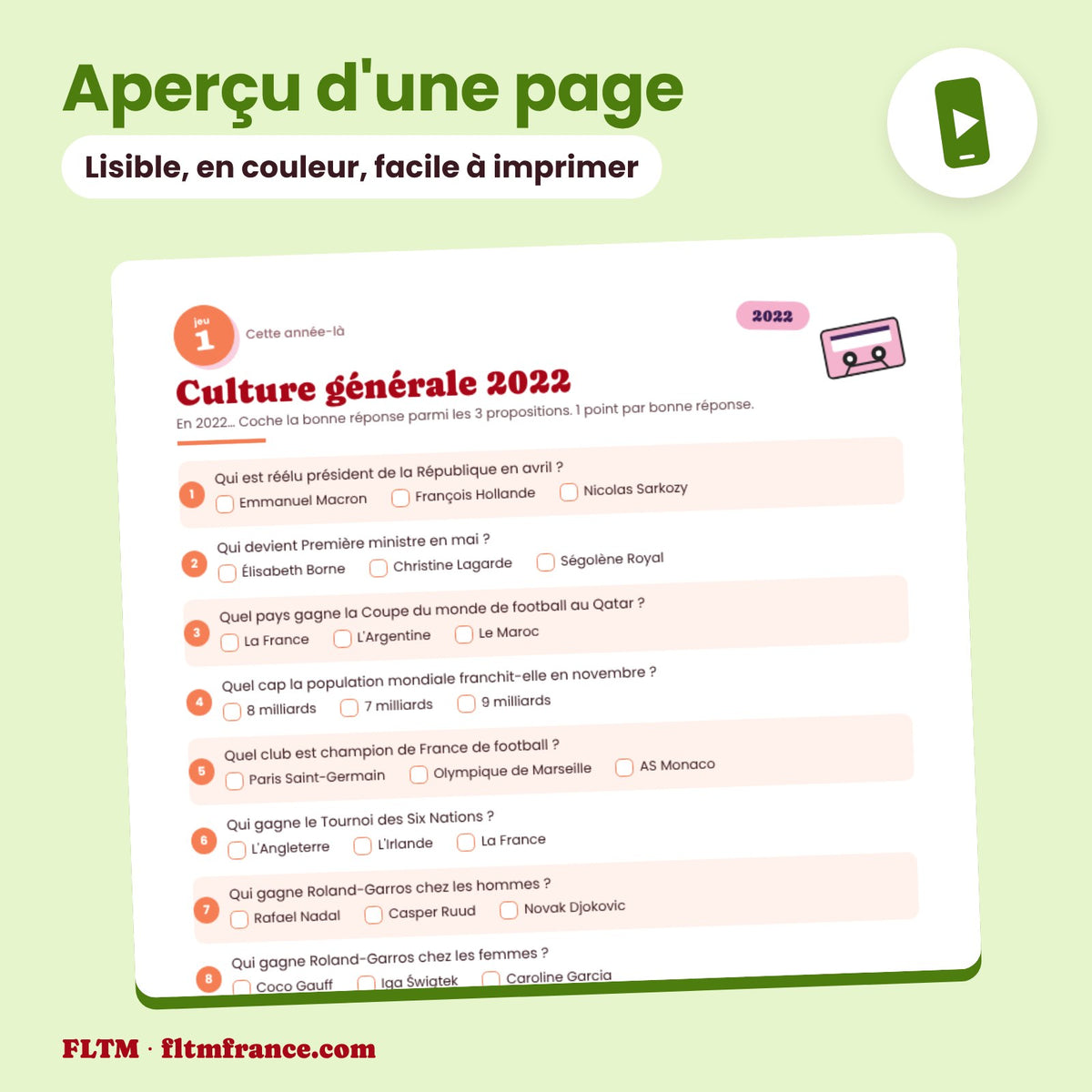 Jeu anniversaire année 2022 : aperçu d'une page