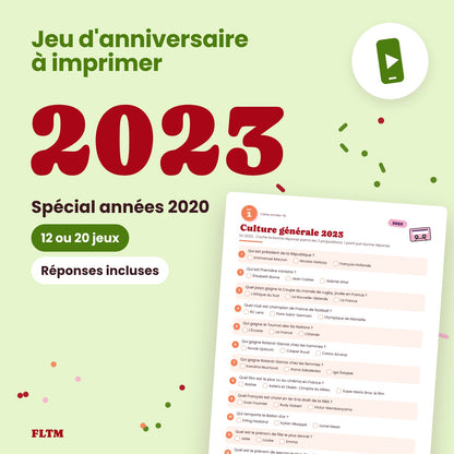 Jeu anniversaire année 2023 à imprimer, spécial années 2020