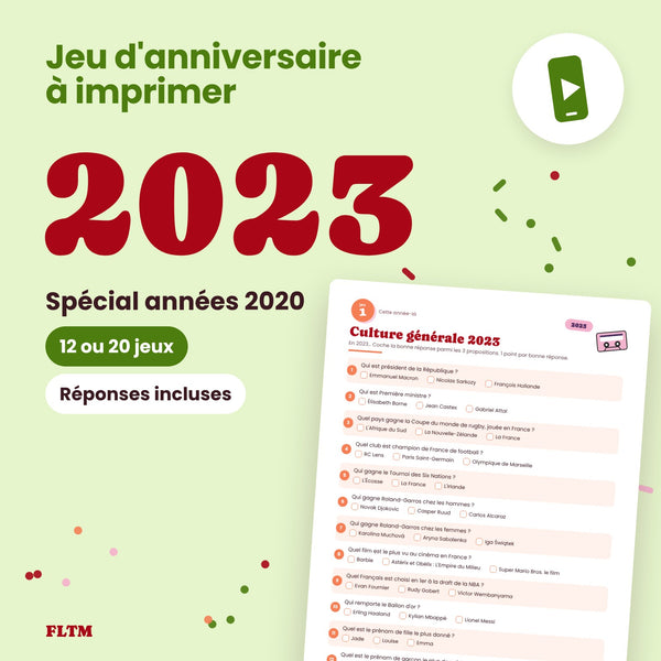 Jeu anniversaire année 2023 - 12 ou 20 jeux à imprimer
