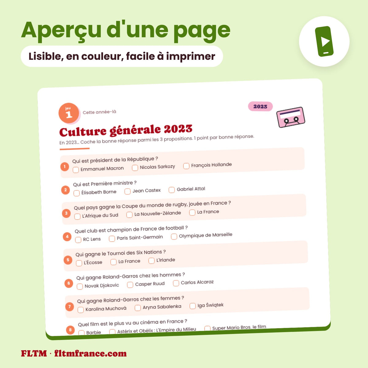 Jeu anniversaire année 2023 : aperçu d'une page