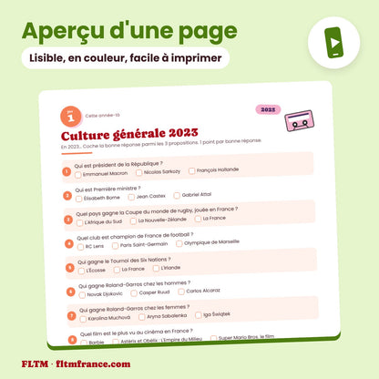 Jeu anniversaire année 2023 : aperçu d'une page