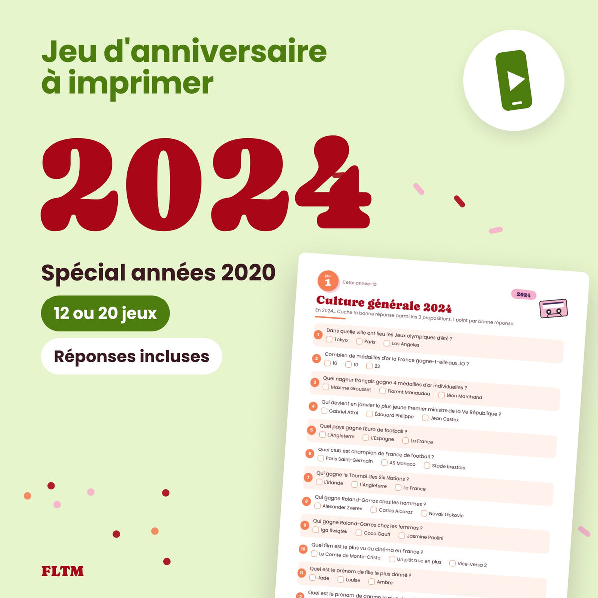 Jeu anniversaire année 2024 à imprimer, spécial années 2020