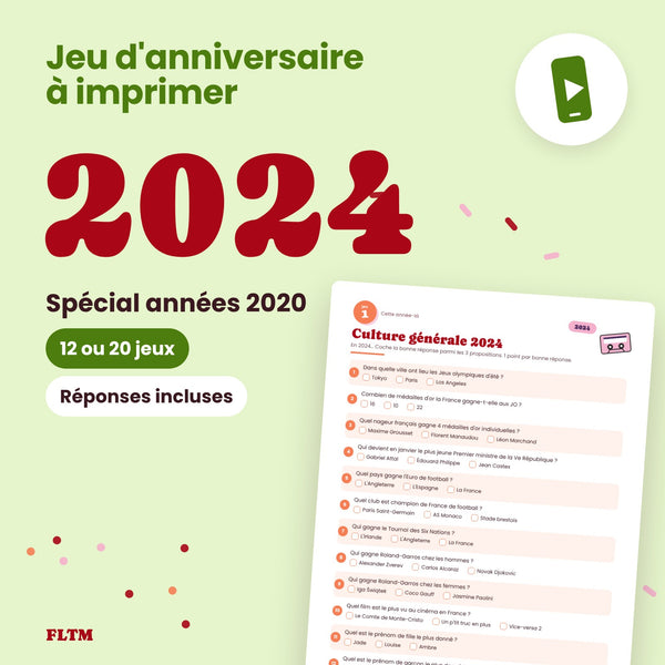Jeu anniversaire année 2024 - 12 ou 20 jeux à imprimer