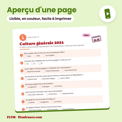 Jeu anniversaire année 2024 : aperçu d'une page