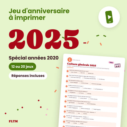 Jeu anniversaire année 2025 à imprimer, spécial années 2020