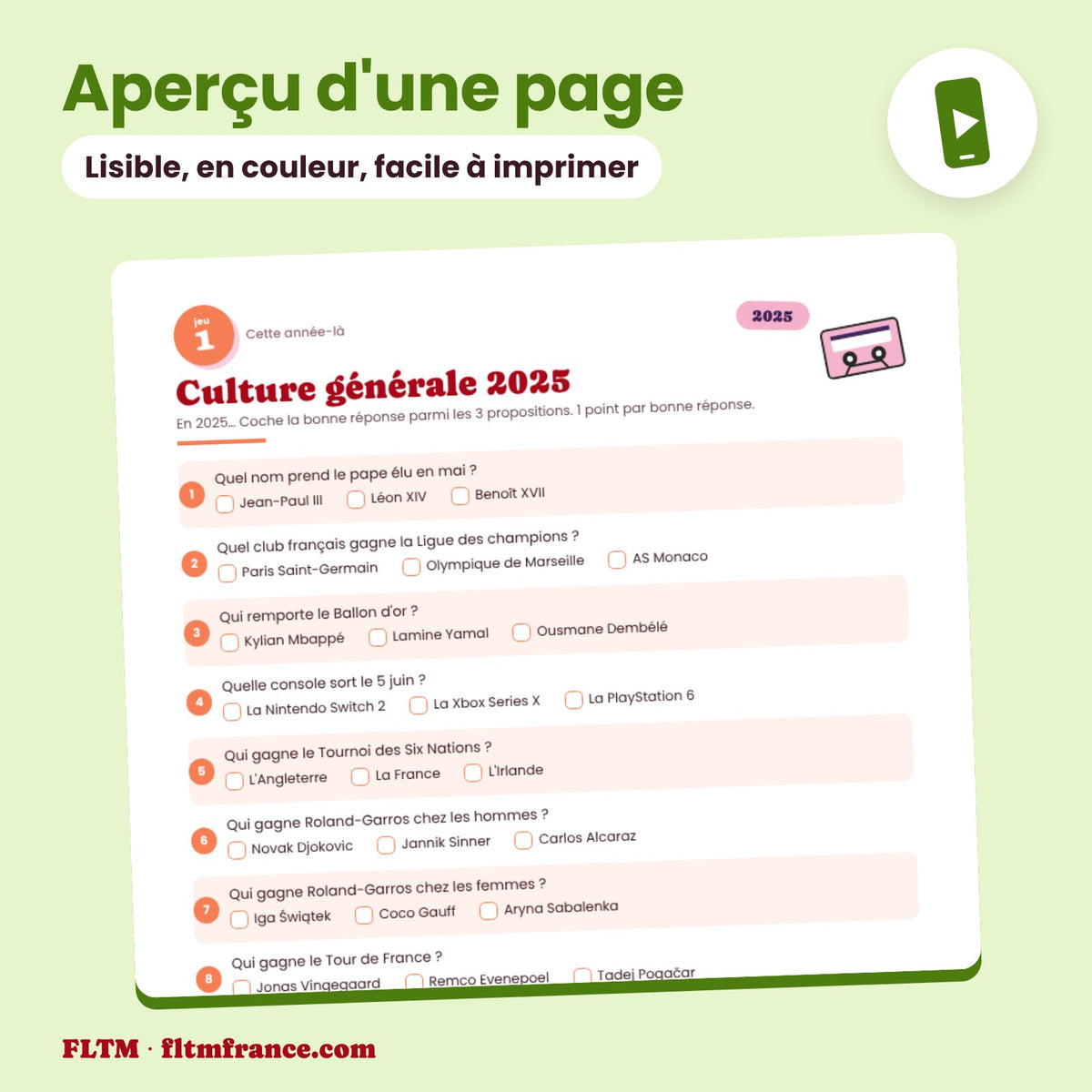 Jeu anniversaire année 2025 : aperçu d'une page