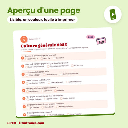Jeu anniversaire année 2025 : aperçu d'une page