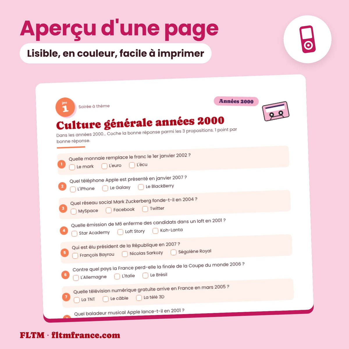 Jeu anniversaire thème années 2000 à imprimer : aperçu d'une page