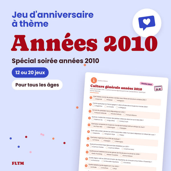 Jeu anniversaire thème années 2010 - 12 ou 20 jeux à imprimer pour une soirée années 2010