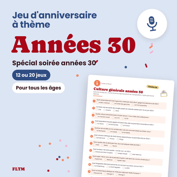 Jeu anniversaire thème années 30 - 12 ou 20 jeux à imprimer pour une soirée années 30