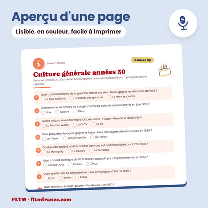 Jeu anniversaire thème années 30 à imprimer : aperçu d'une page