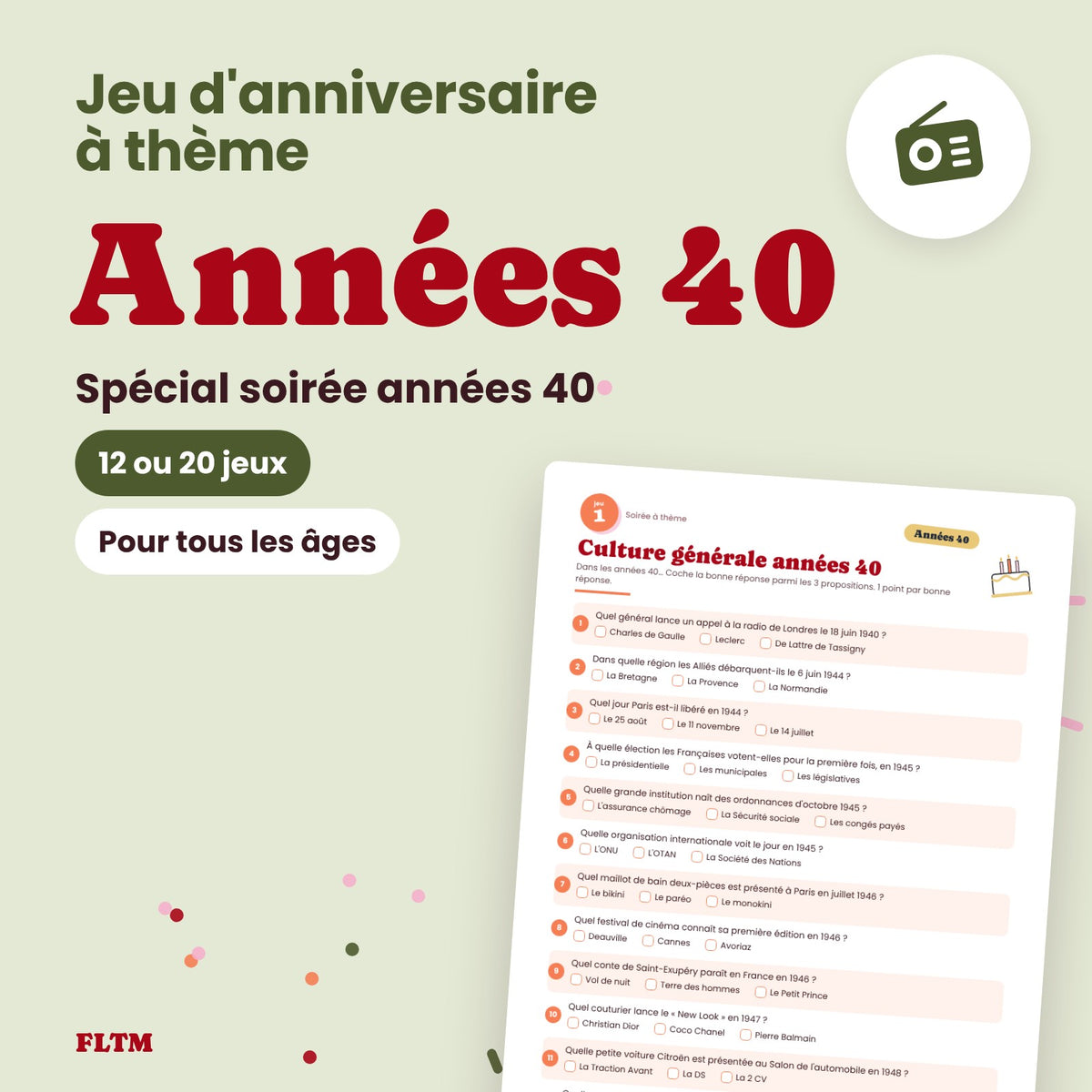 Jeu anniversaire thème années 40 à imprimer