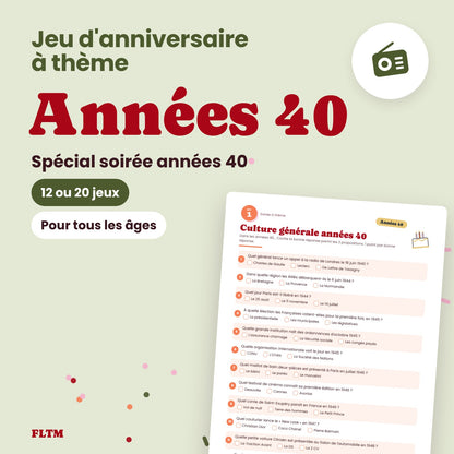 Jeu anniversaire thème années 40 à imprimer