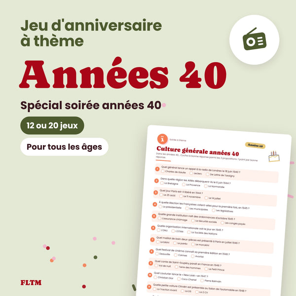 Jeu anniversaire thème années 40 - 12 ou 20 jeux à imprimer pour une soirée années 40