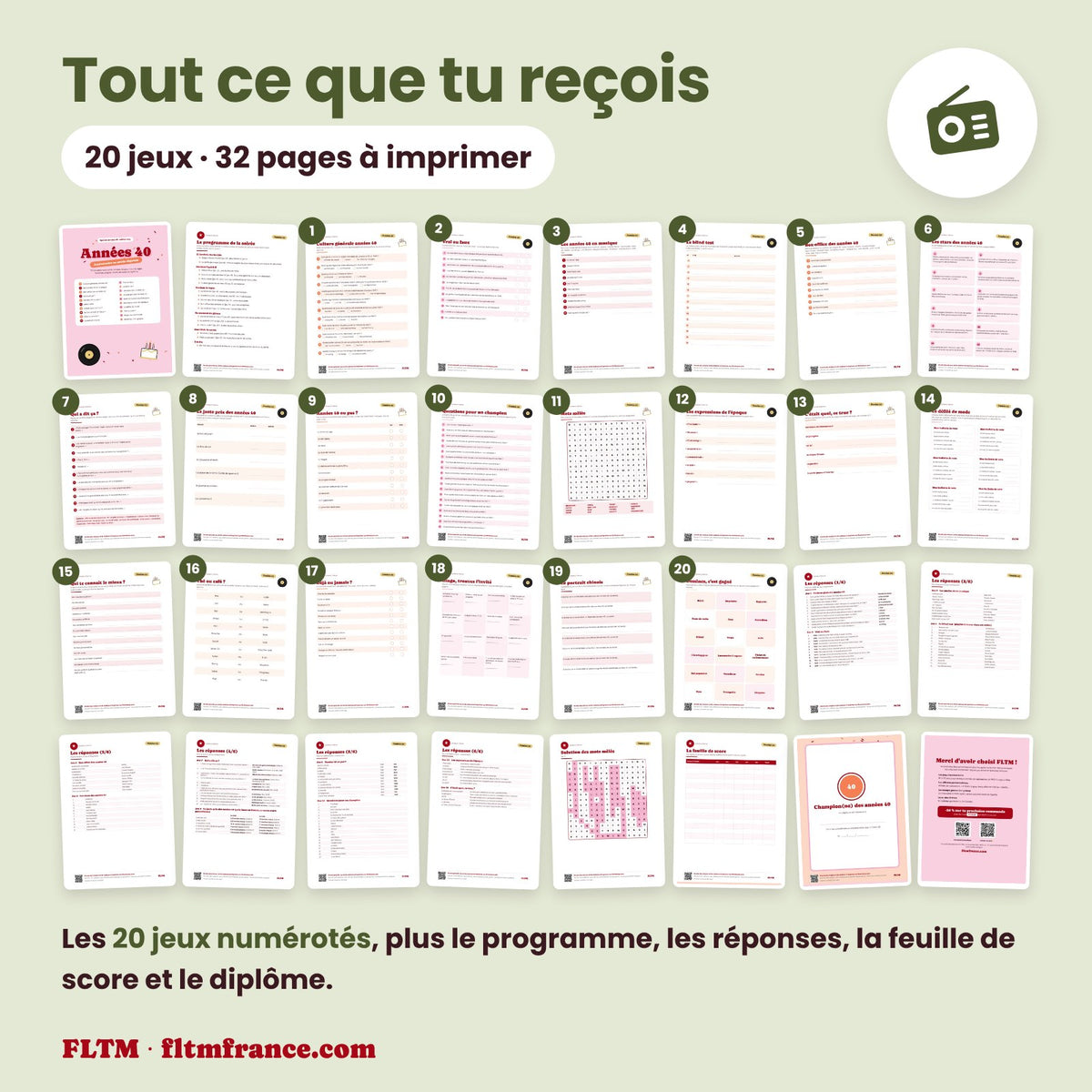 Jeu anniversaire thème années 40 à imprimer : tous les jeux et les pages