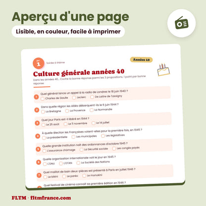 Jeu anniversaire thème années 40 à imprimer : aperçu d'une page