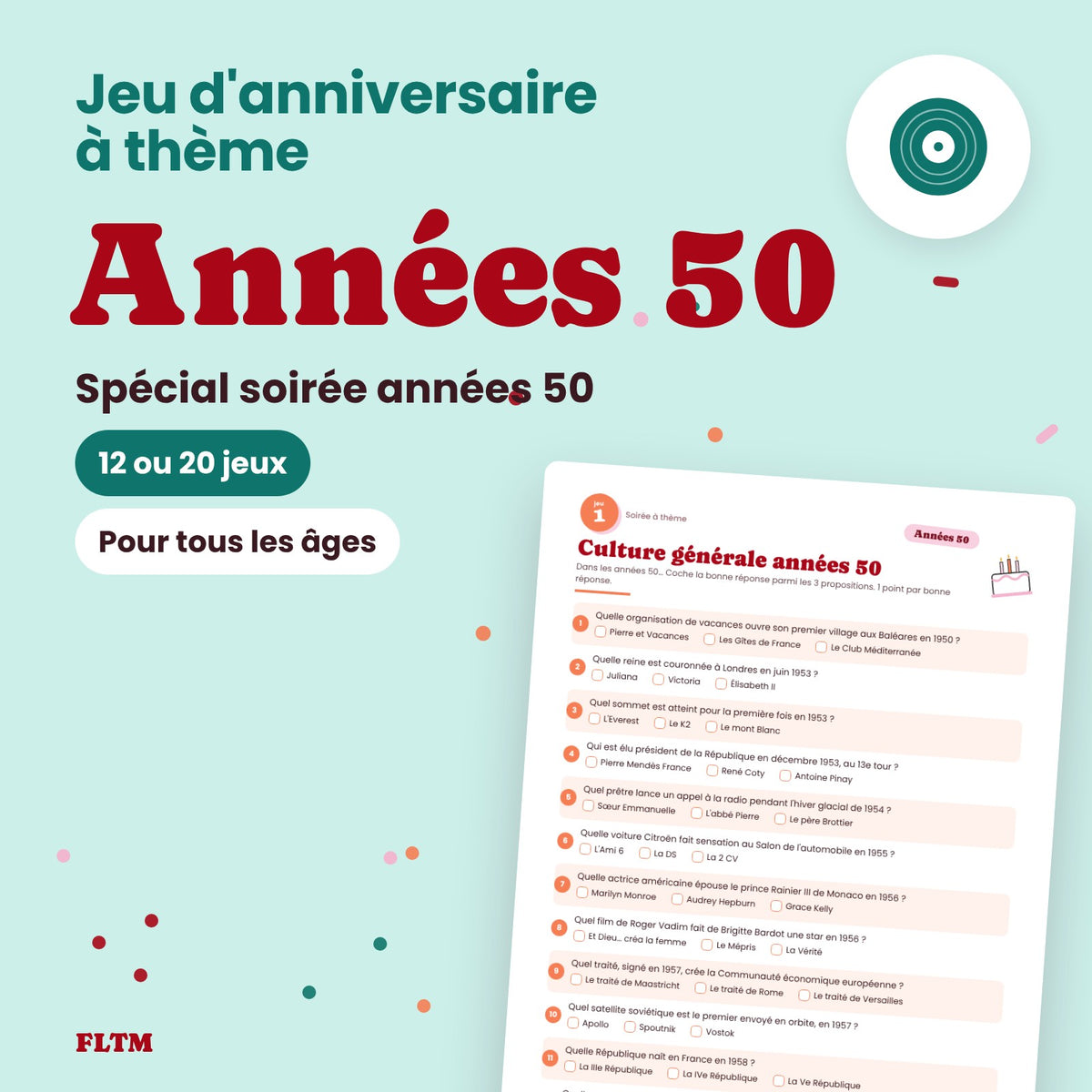 Jeu anniversaire thème années 50 à imprimer