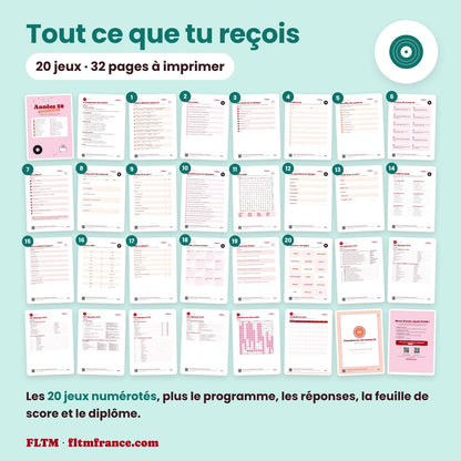 Jeu anniversaire thème années 50 à imprimer : tous les jeux et les pages