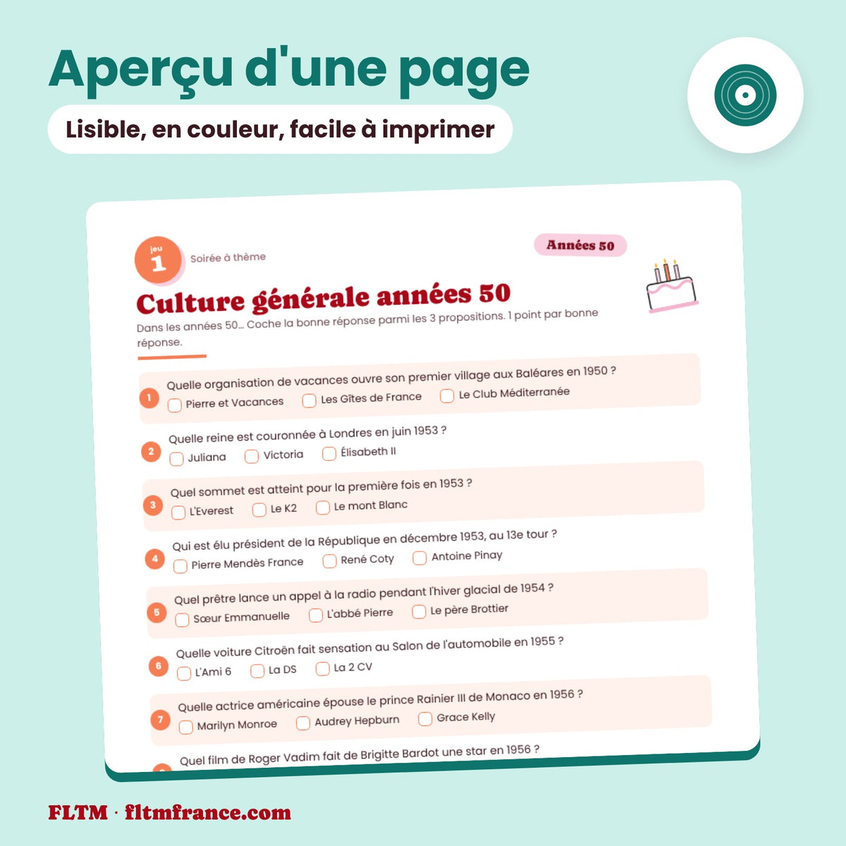 Jeu anniversaire thème années 50 à imprimer : aperçu d'une page
