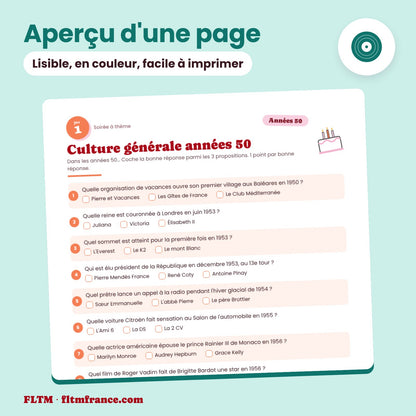 Jeu anniversaire thème années 50 à imprimer : aperçu d'une page