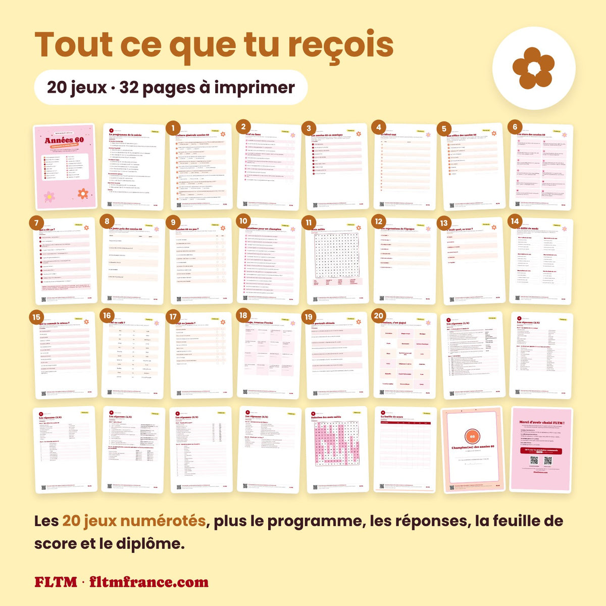 Jeu anniversaire thème années 60 à imprimer : tous les jeux et les pages