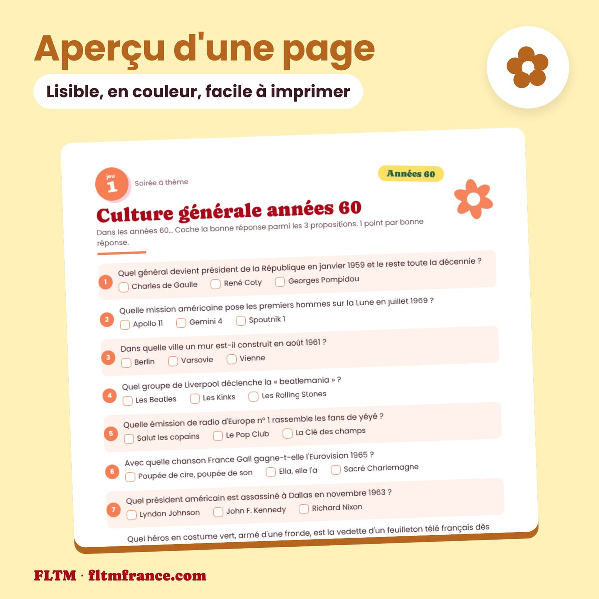 Jeu anniversaire thème années 60 à imprimer : aperçu d'une page