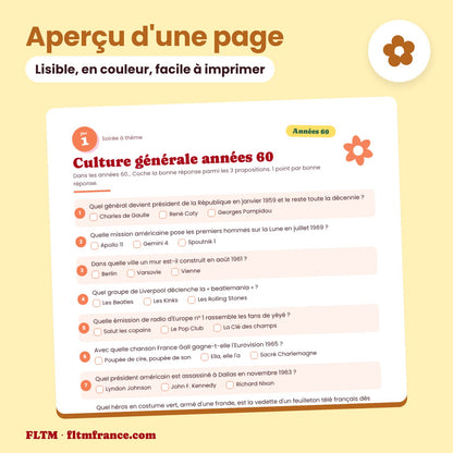Jeu anniversaire thème années 60 à imprimer : aperçu d'une page