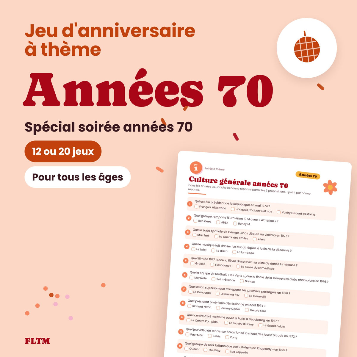 Jeu anniversaire thème années 70 à imprimer