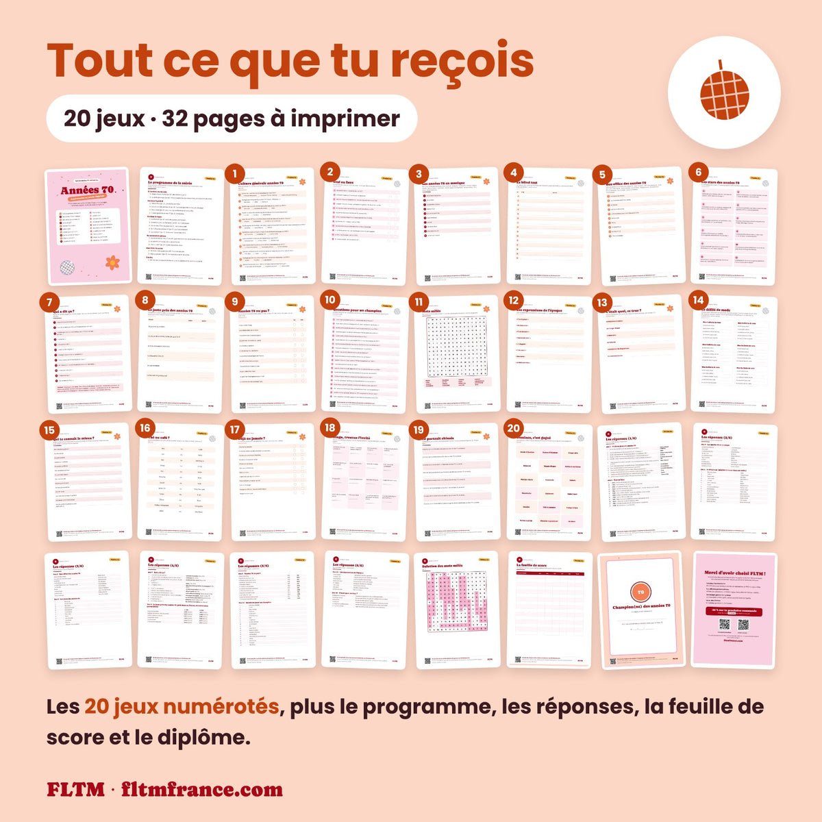 Jeu anniversaire thème années 70 à imprimer : tous les jeux et les pages