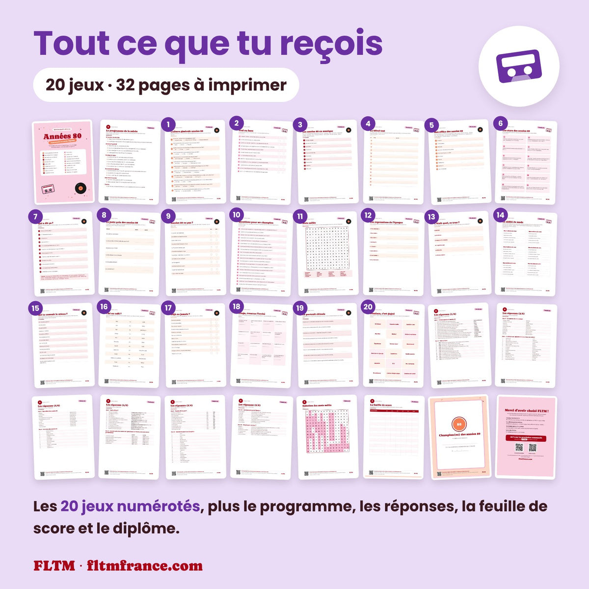 Jeu anniversaire thème années 80 à imprimer : tous les jeux et les pages