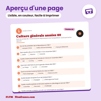 Jeu anniversaire thème années 80 à imprimer : aperçu d'une page