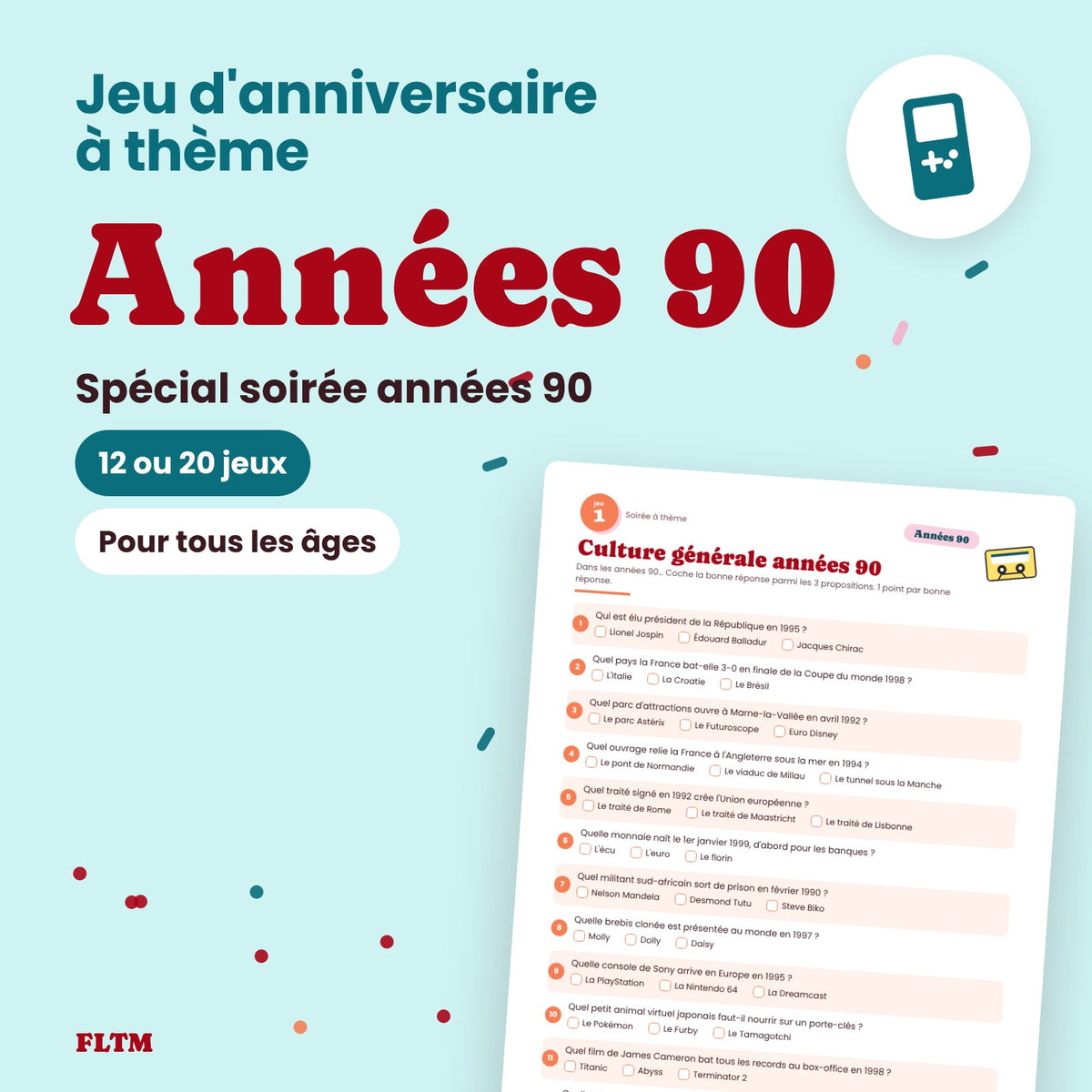 Jeu anniversaire thème années 90 à imprimer