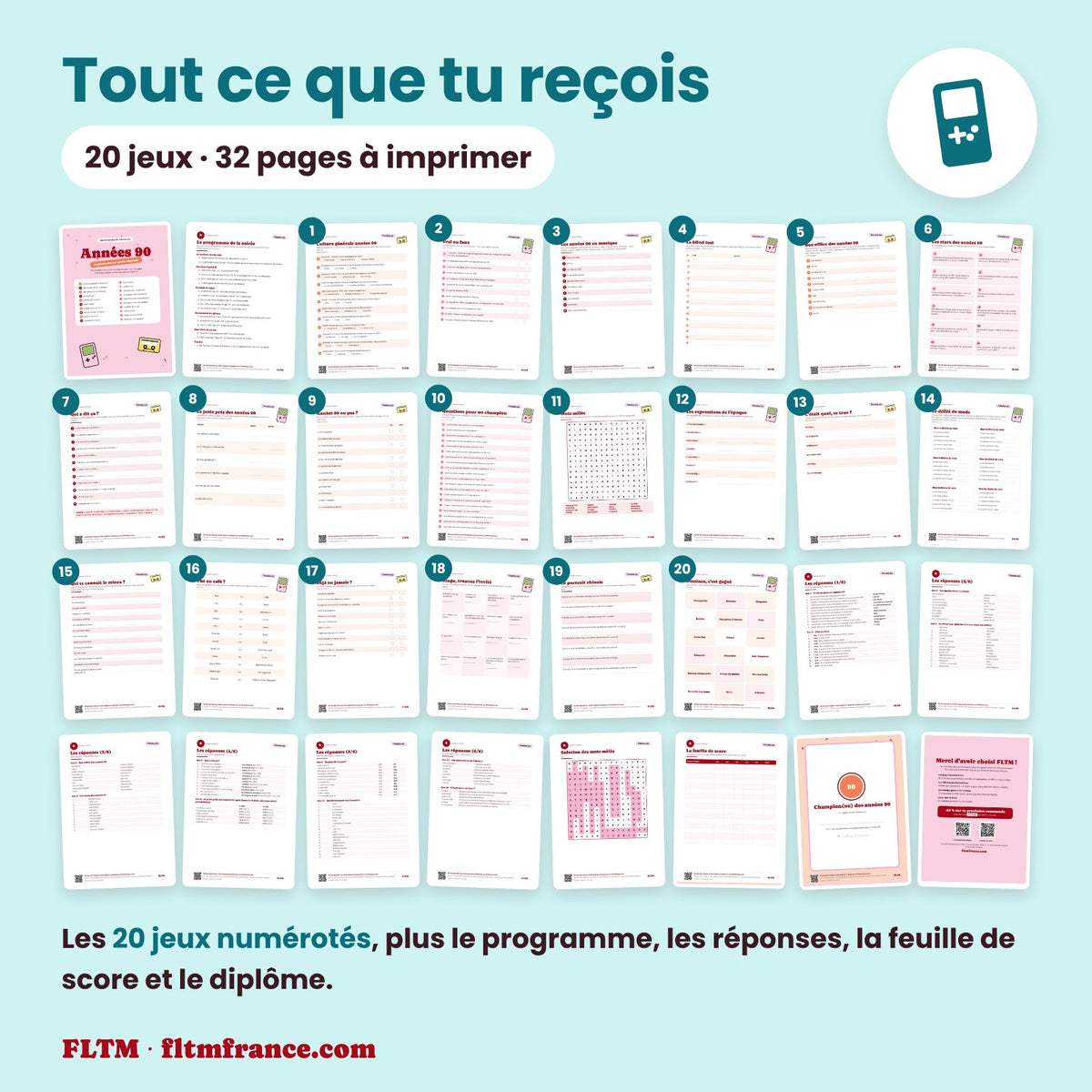 Jeu anniversaire thème années 90 à imprimer : tous les jeux et les pages