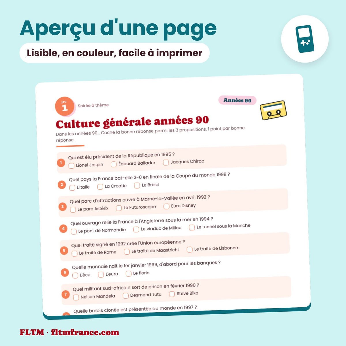 Jeu anniversaire thème années 90 à imprimer : aperçu d'une page