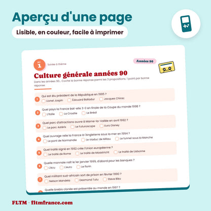 Jeu anniversaire thème années 90 à imprimer : aperçu d'une page