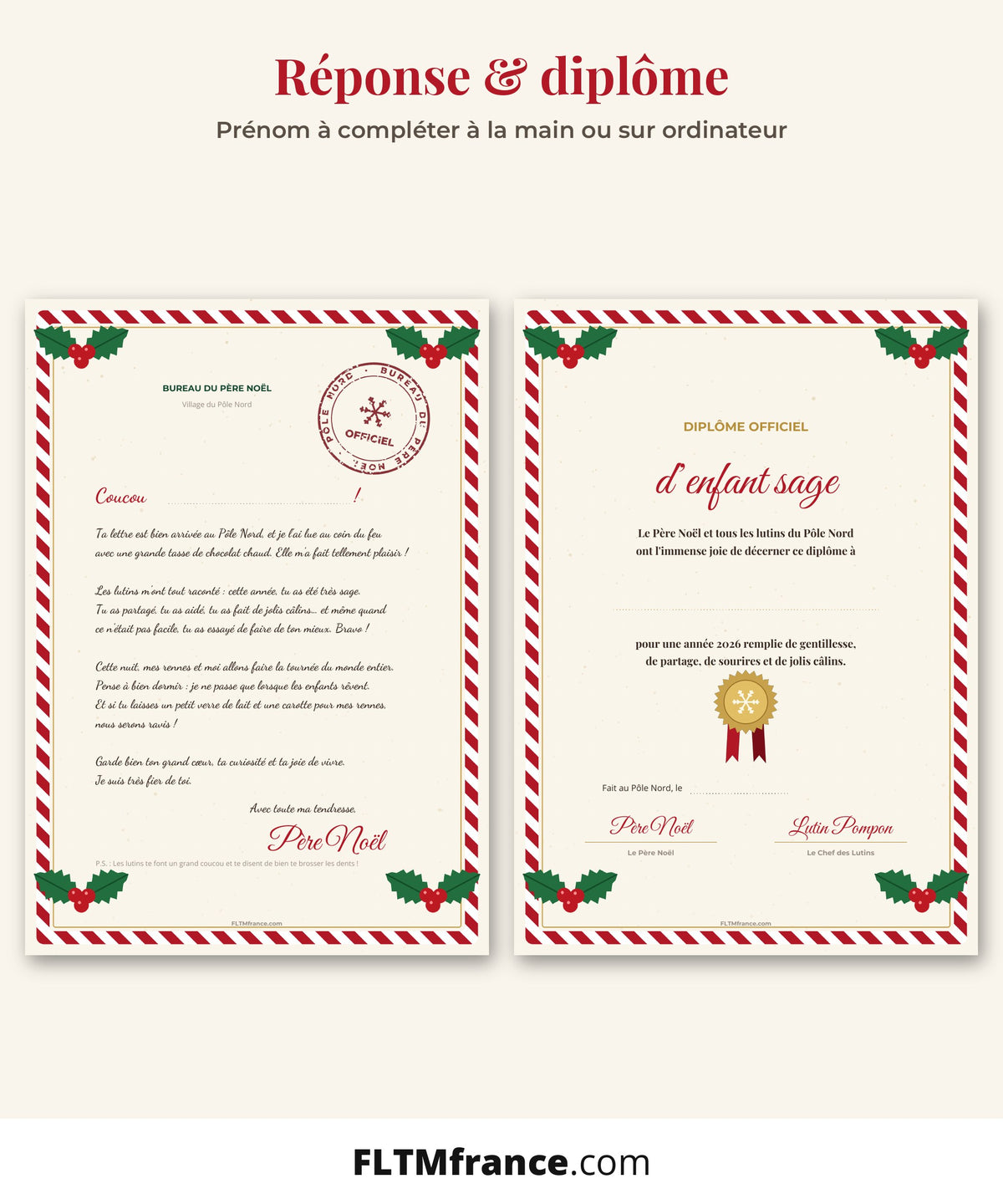 Réponse du Père Noël et diplôme d'enfant sage à imprimer