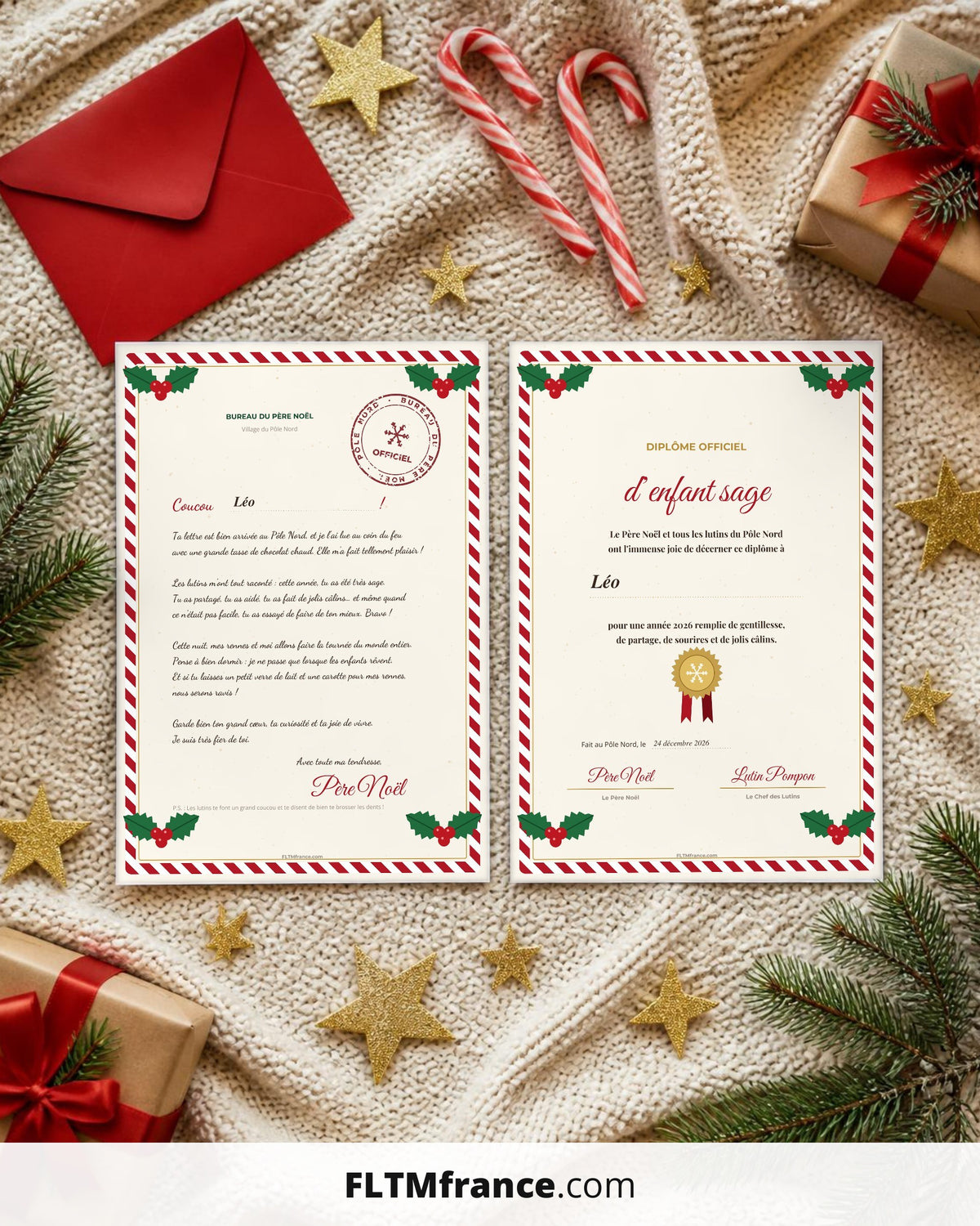 Réponse du Père Noël et diplôme d'enfant sage imprimés, posés sur un plaid de Noël