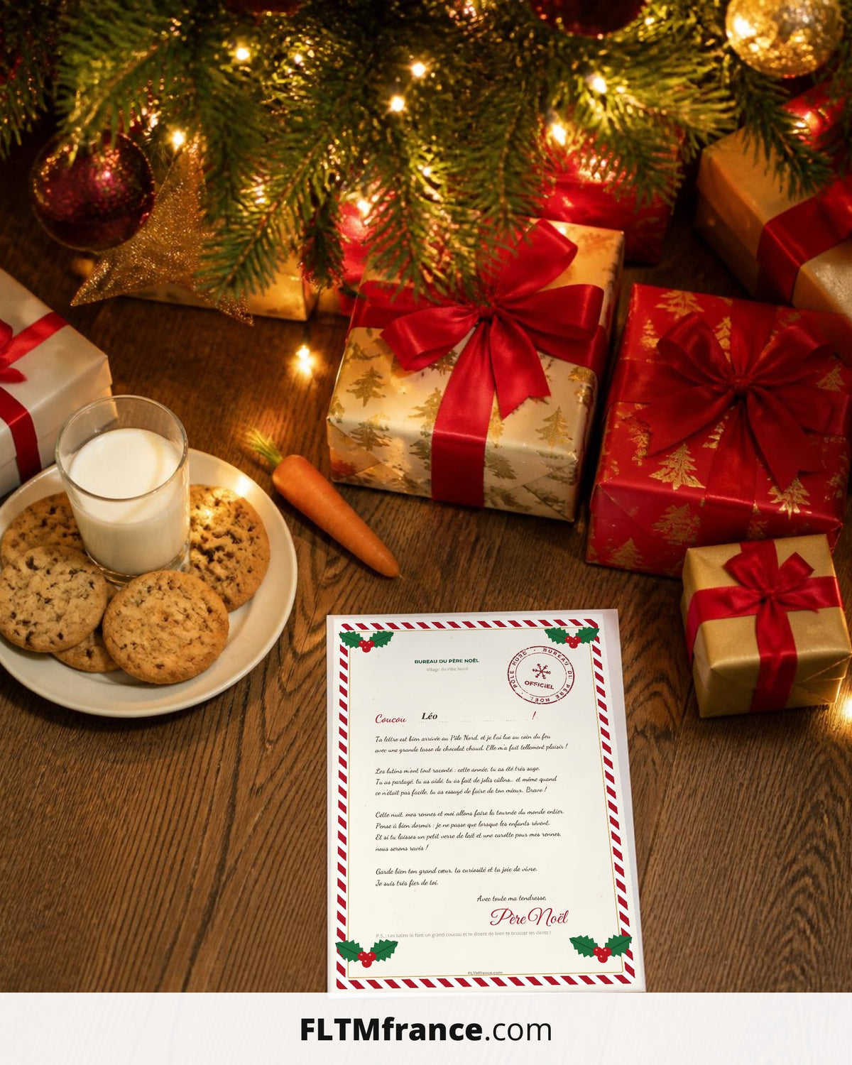 Réponse du Père Noël déposée au pied du sapin avec lait et biscuits