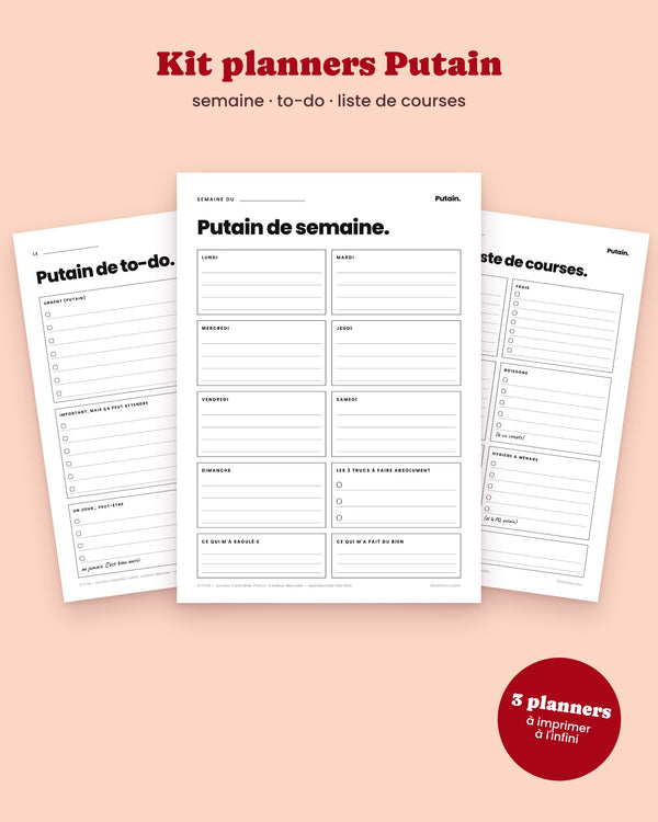 Kit planners Putain - Planning semaine, to-do list et liste de courses à imprimer