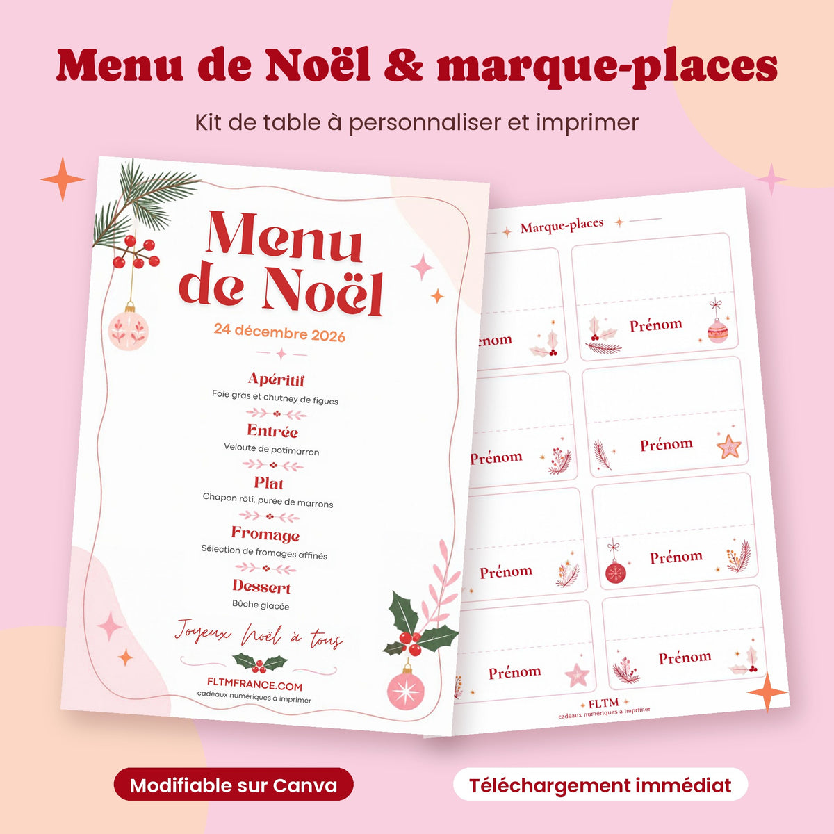 Menu de Noël et marque-places à imprimer FLTM