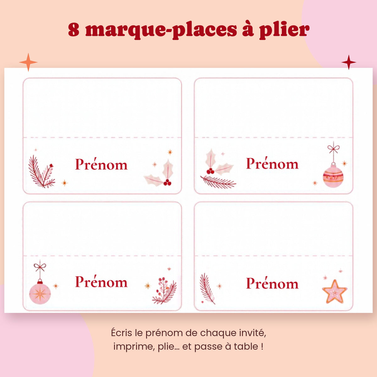 Marque-places de Noël à plier avec prénom