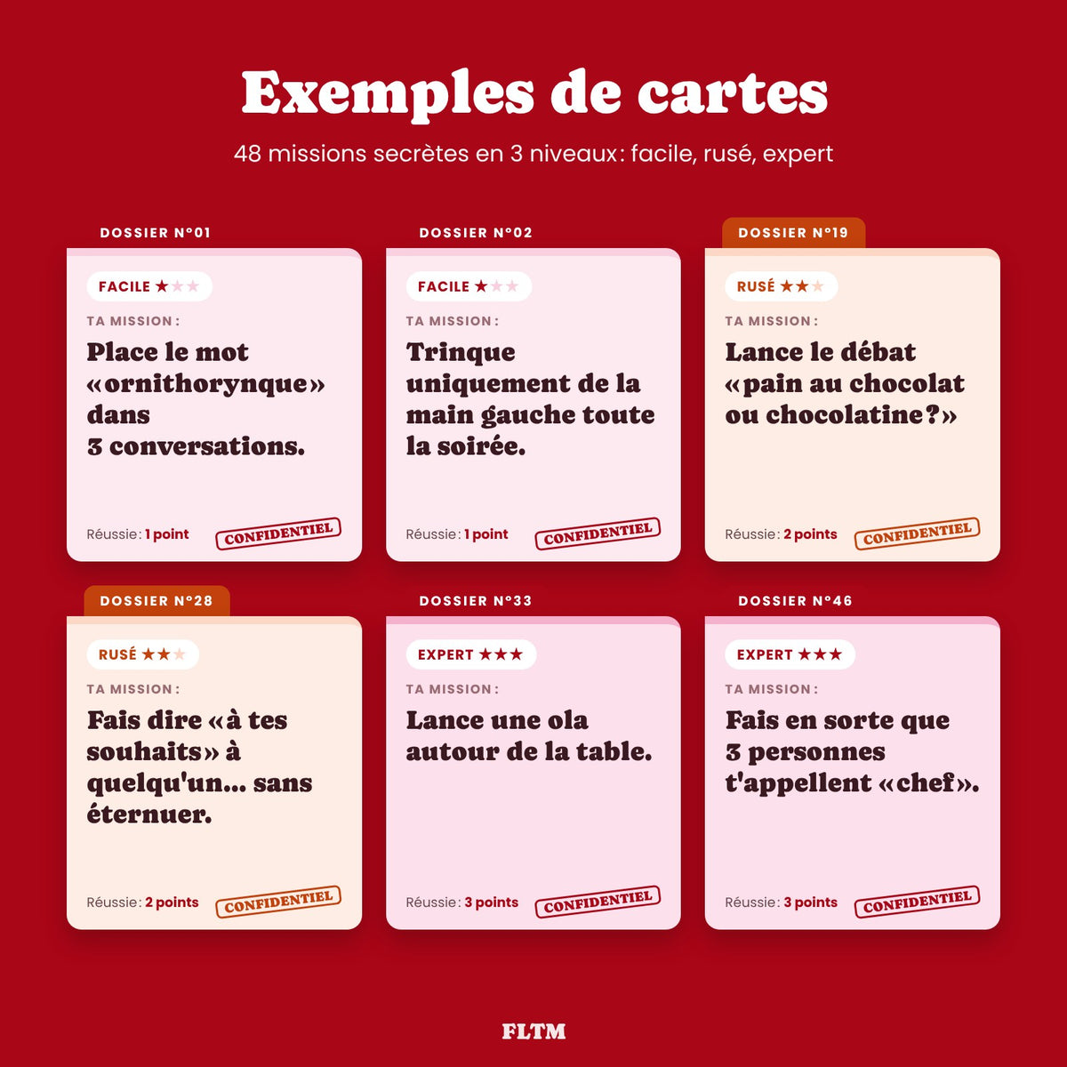 Exemples de cartes missions secrètes en 3 niveaux : facile, rusé, expert