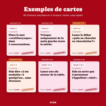 Exemples de cartes missions secrètes en 3 niveaux : facile, rusé, expert